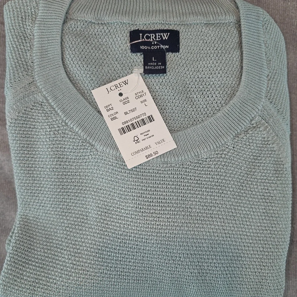 J.Crew Crewneck Sweater Men's Large Green 100% Cotton Textured Raglan L CD617